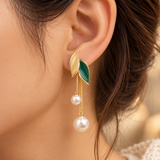 Emerald Leaf Pearl Drop Earrings