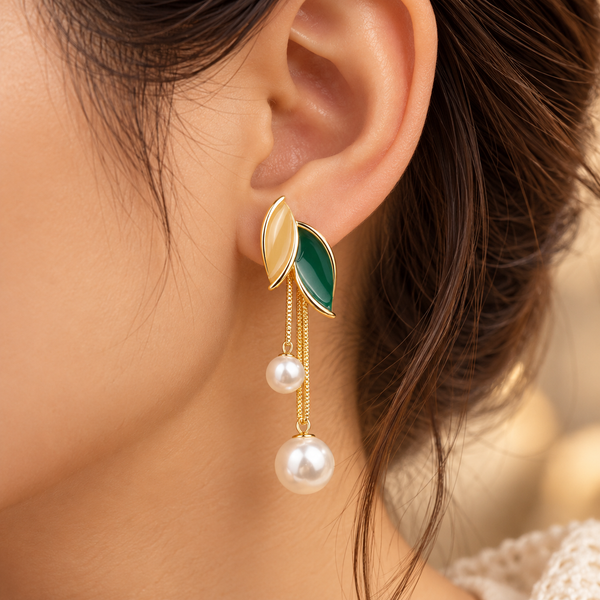 Emerald Leaf Pearl Drop Earrings