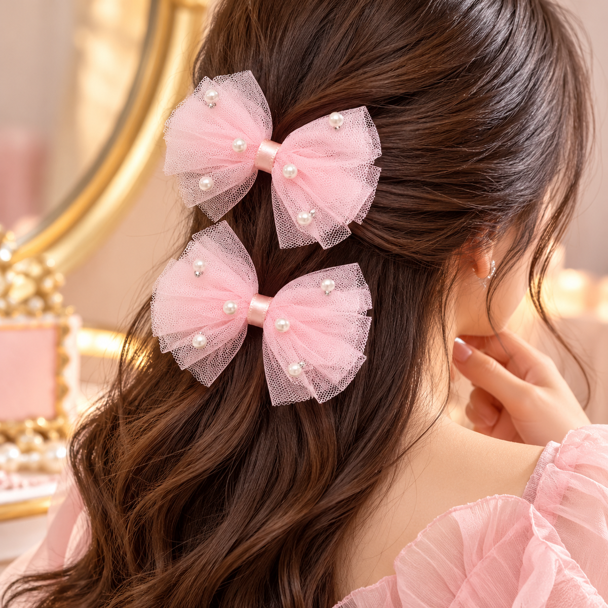 Pink Pearl Tulle Bow Hair Clips