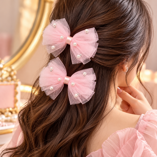 Pink Pearl Tulle Bow Hair Clips