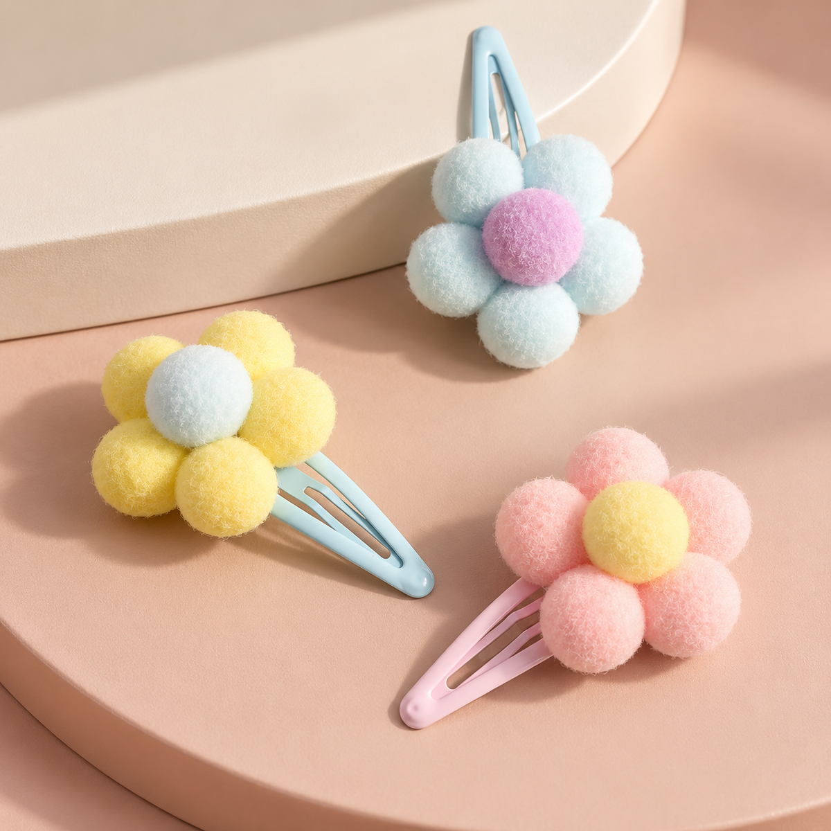 Pastel Pom-Pom Flower Hair Clips
