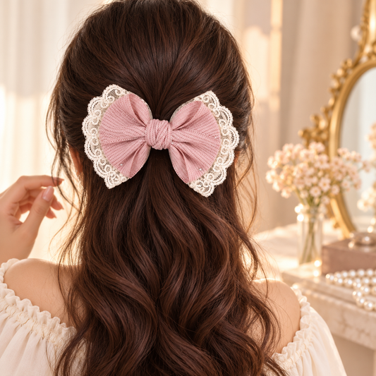 Dusty Pink Lace Bow Hair Clip